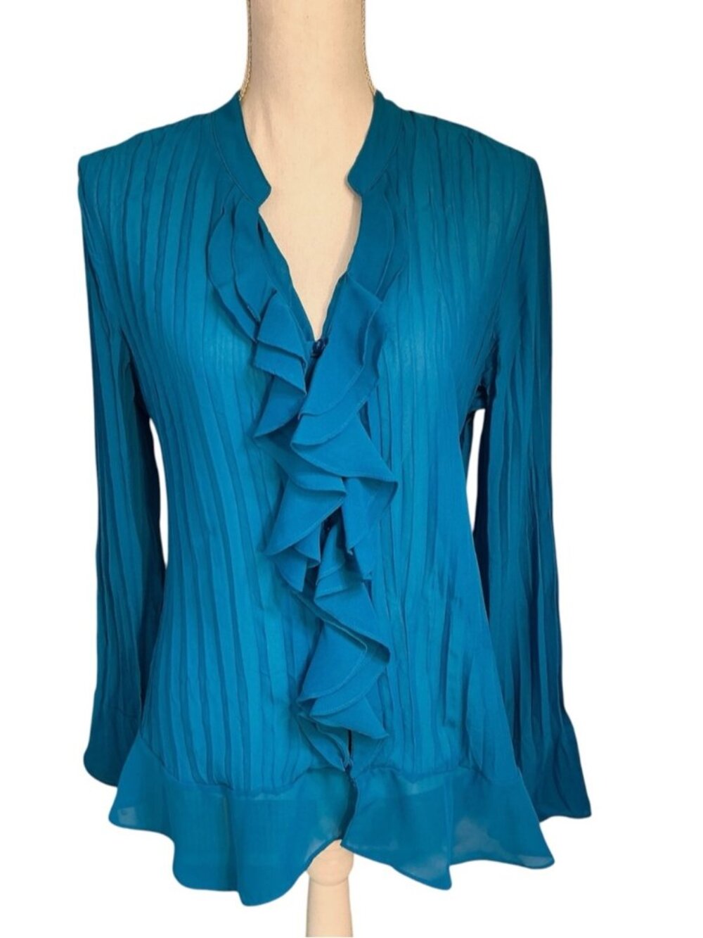 Dressy Blouse Sheer Bell Sleeve V Neck Cascade Ruffle Long Sleeve Blue Size 12